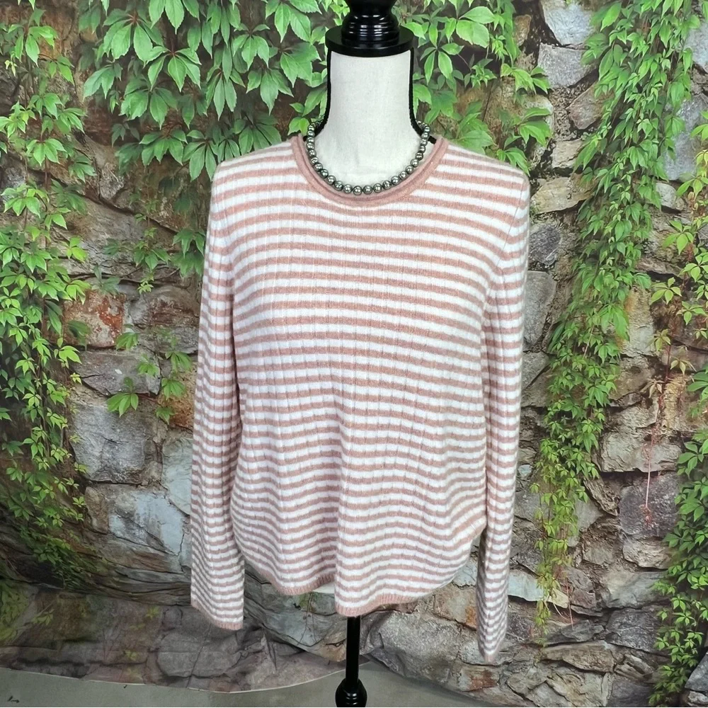 MADEWELL Pink and Tan Striped Wool Lightweight Blend Striped Sweater, XL